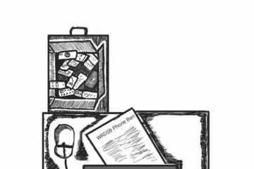 Black and white graphic of a top-down view of a teachers desk; the drawer is open and filled with confiscated cell phones that the teacher was forced to take in order to comply with new WRDSB policy forbidding their use by students during class.