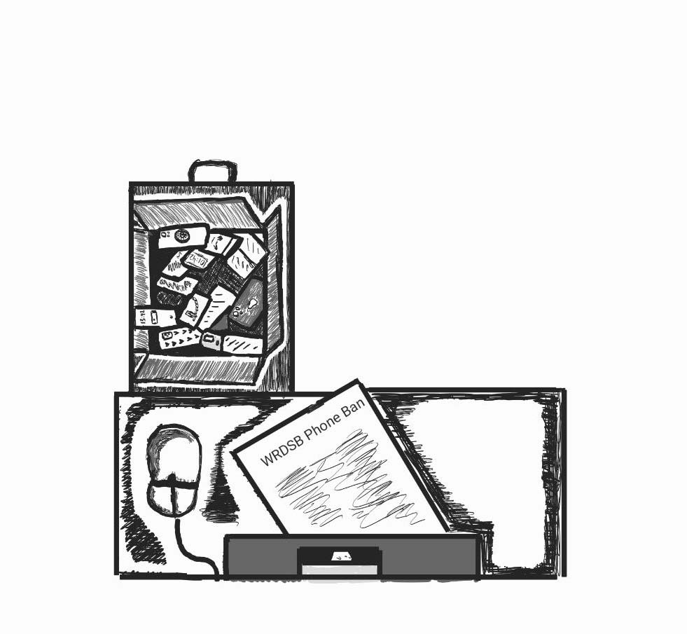 Black and white graphic of a top-down view of a teachers desk; the drawer is open and filled with confiscated cell phones that the teacher was forced to take in order to comply with new WRDSB policy forbidding their use by students during class.