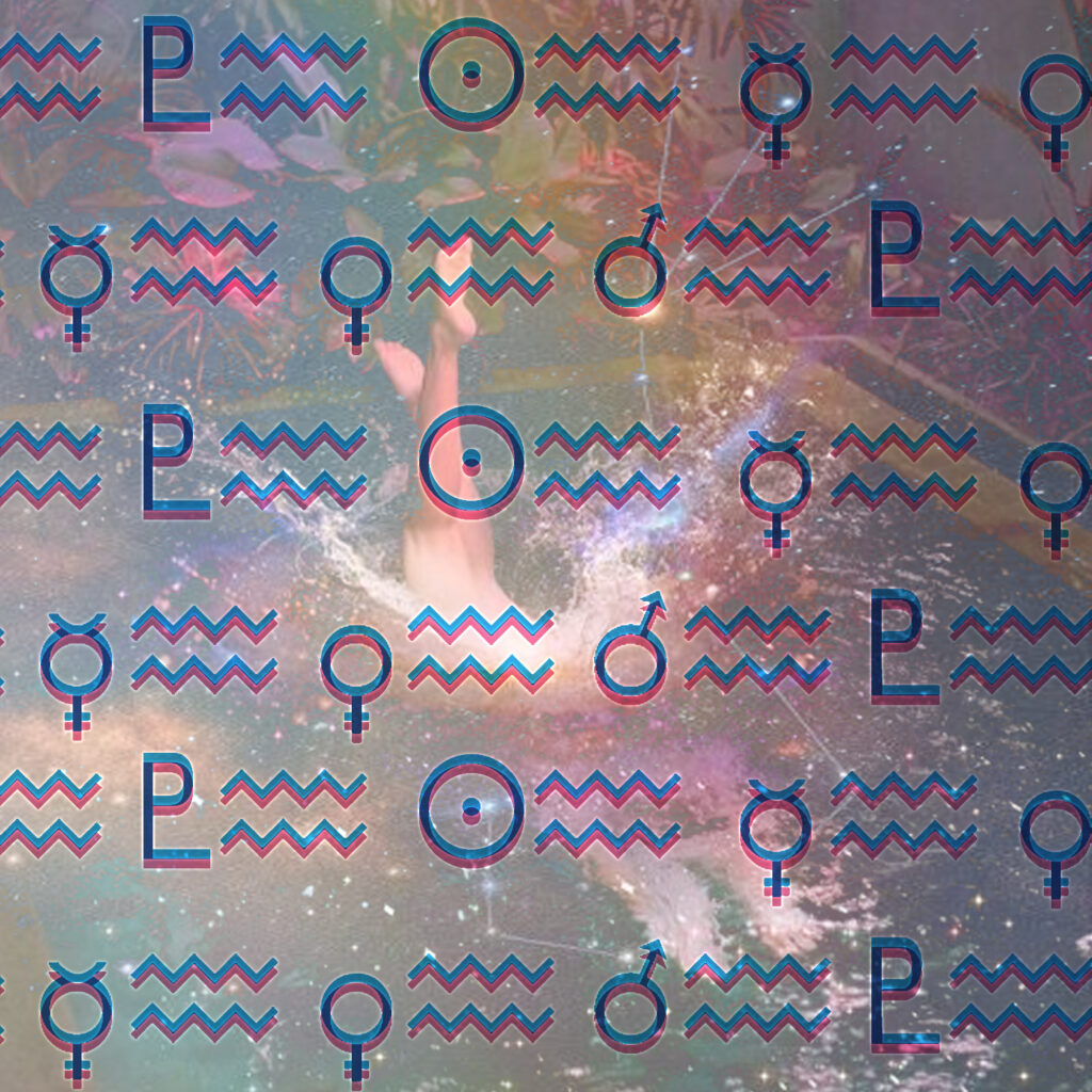 A photo of a person in water, legs sticking straight out of the water. A blue and lilac filter is superimposed over the photo and there are repeated zodiac and solar symbols, with the Aquarius sign being the most common. 