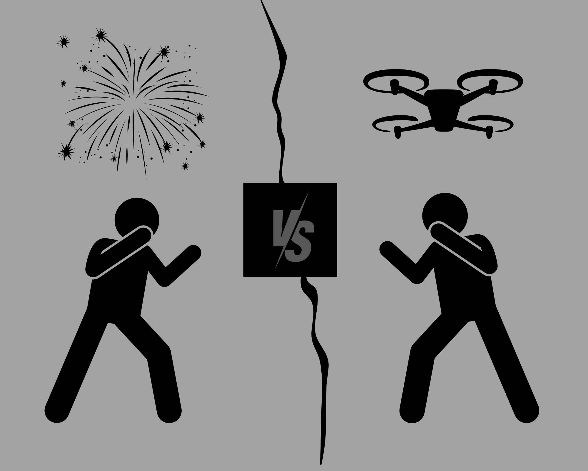 Graphic of two stick figures getting ready to fight over whether firework shows should be held in the future or be prohibited in favour of scripted drone formations performing light shows.