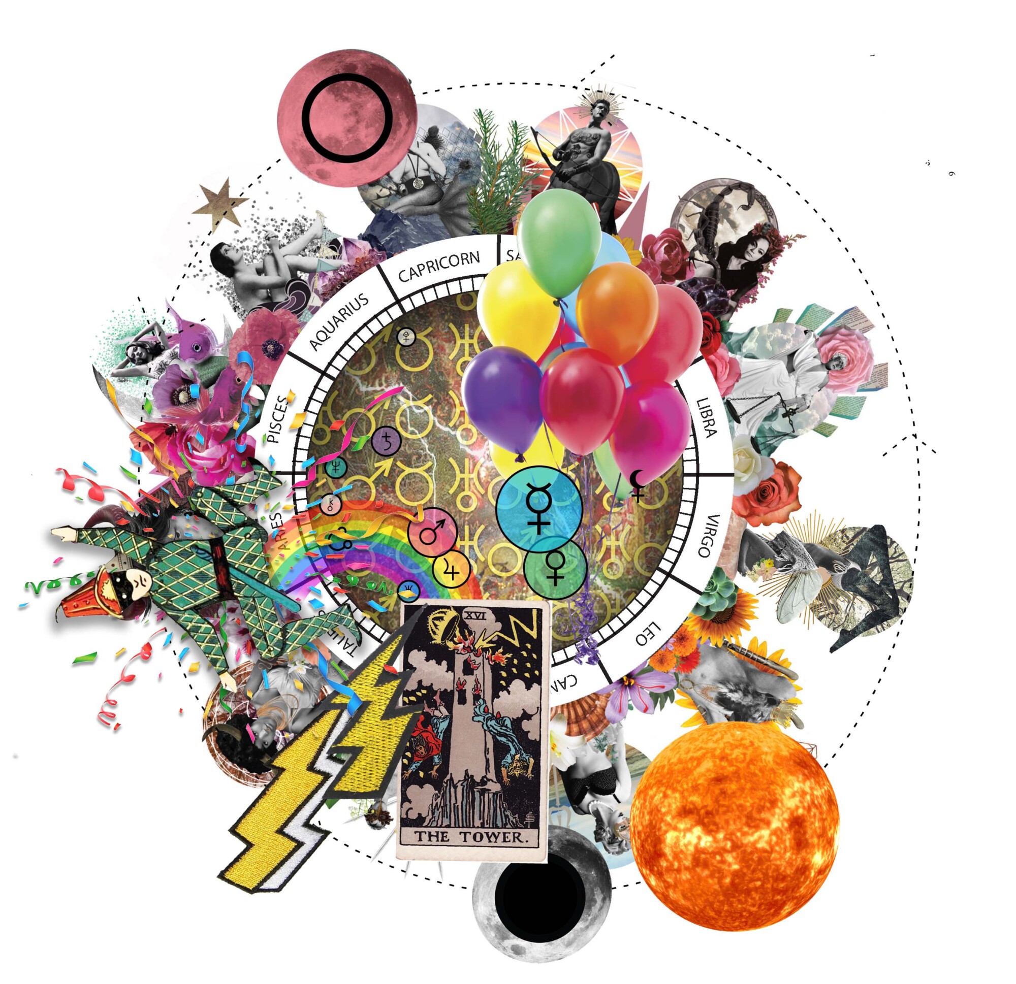 The TCE Cosmic Relief Illustrated Astrology Chart made for the July edition. This month's version features chromatic balloons, embroidered lightening, and the power of the Tarot.