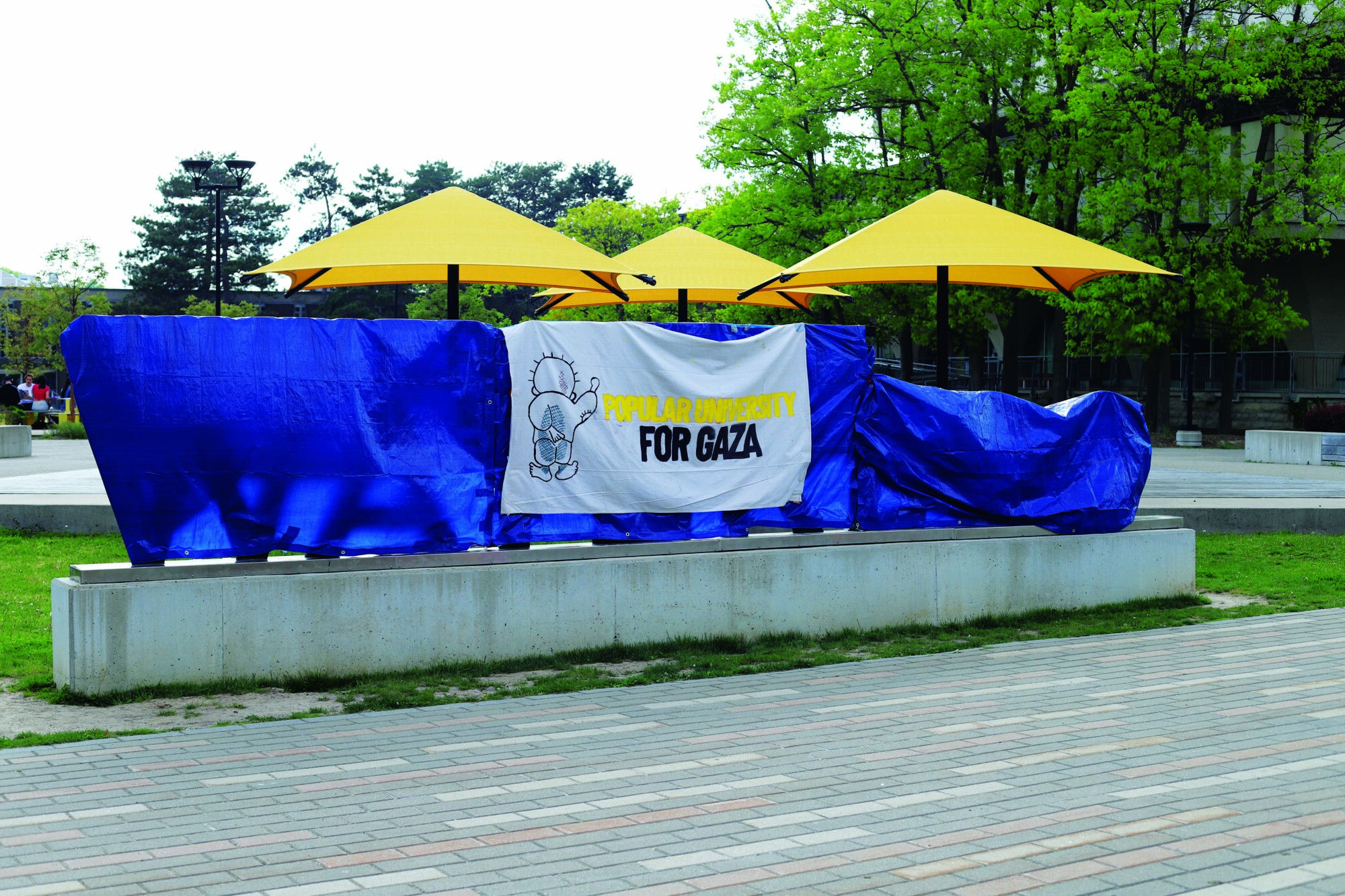 Photograph of the then-obscured 3D "Waterloo" sign on the University of Waterloo campus. The words are wrapped up with a blue tarp and a sign reading "POPULAR UNIVERSITY FOR GAZA" hangs on top.