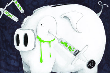 Graphic of a piggy bank having it's money removed through it's eyes with syringes that have the Ontario Trillium symbol printed on the plungers. The piggy bank is crying green tears and doesn't look happy.