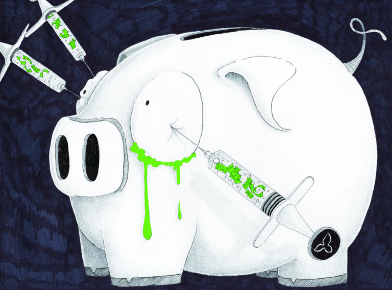 Graphic of a piggy bank having it's money removed through it's eyes with syringes that have the Ontario Trillium symbol printed on the plungers. The piggy bank is crying green tears and doesn't look happy.