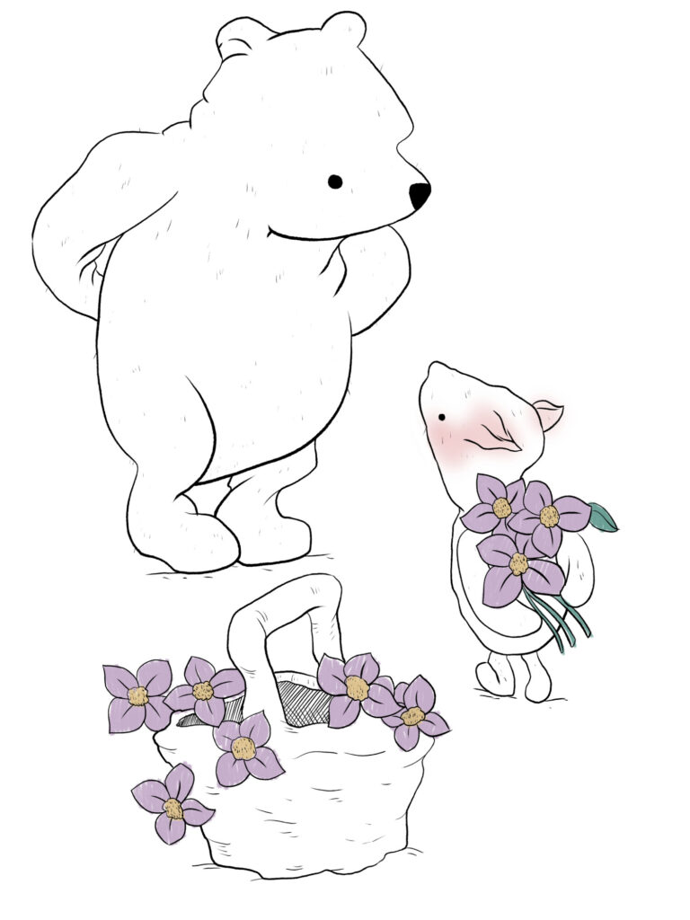 Minimalistic graphic depicting Winnie the Pooh receiving pink flowers from his friend Piglet, who has gathered flowers in a basket sitting beside him.