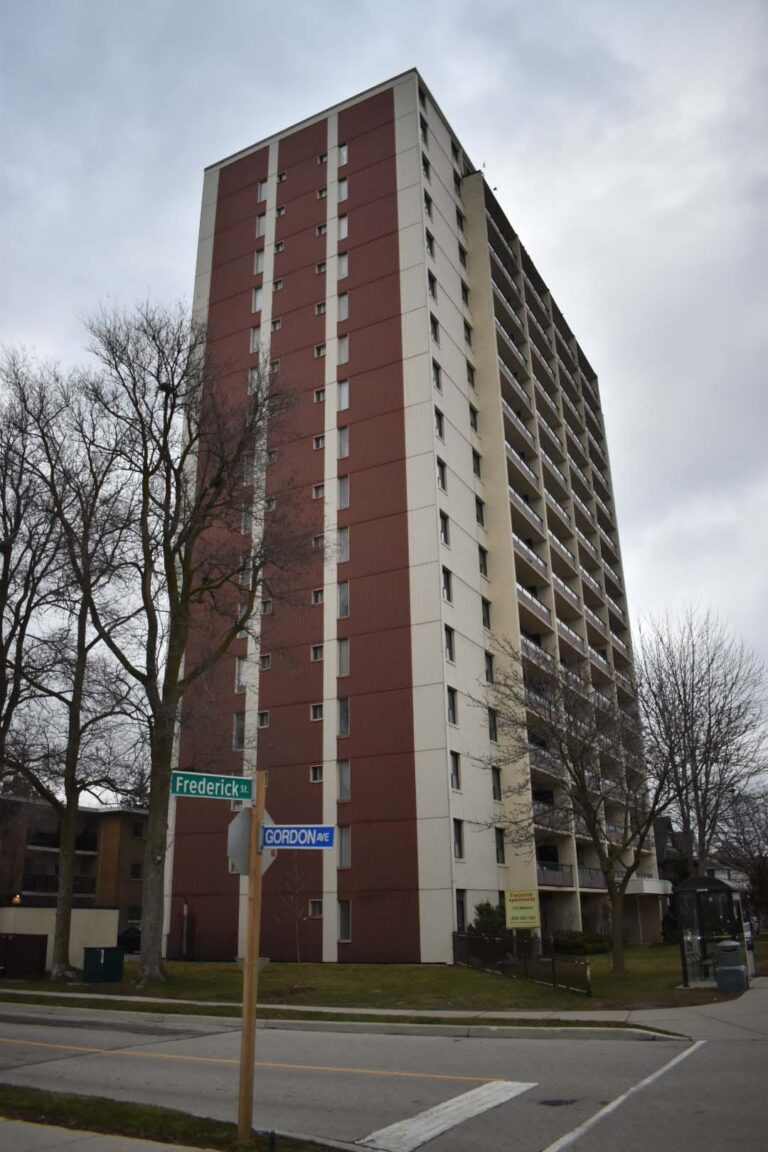 Photo of a high rise apartment building at the corner of Fredrick St. and Gordon Ave. in Kitchener.