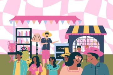 A colourfully abstracted graphic depicting smiling people attending an outdoor market fair.