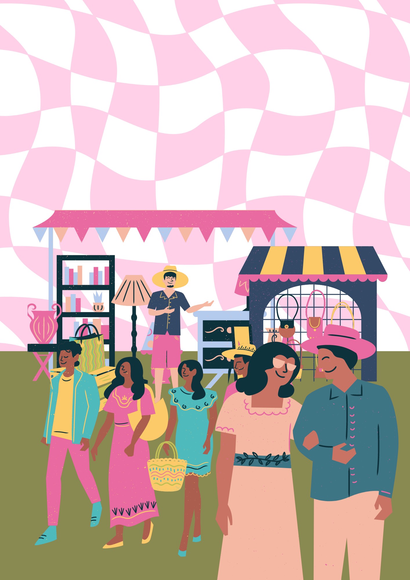 A colourfully abstracted graphic depicting smiling people attending an outdoor market fair.