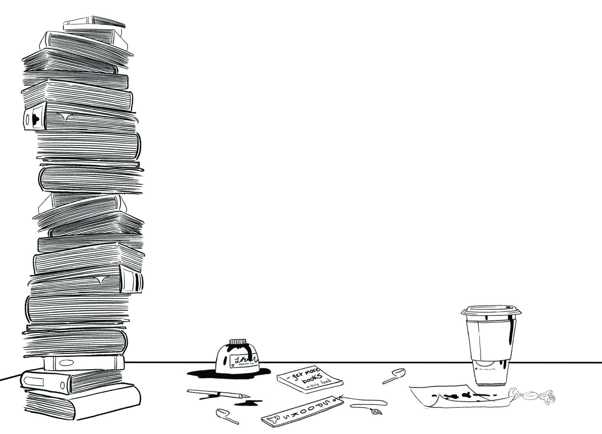 Graphic of a tall stack of books beside a bunch of stuff left on a desk, including a coffee, a bookmark, post it notes, a wrapped sweet and an overflowing ink bottle.