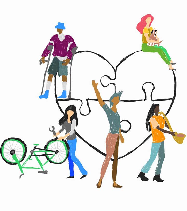 Graphic of a group of people engaging loosely in activities similar to how one would volunteer in their community while hanging around the outline of a heart made of puzzle pieces.