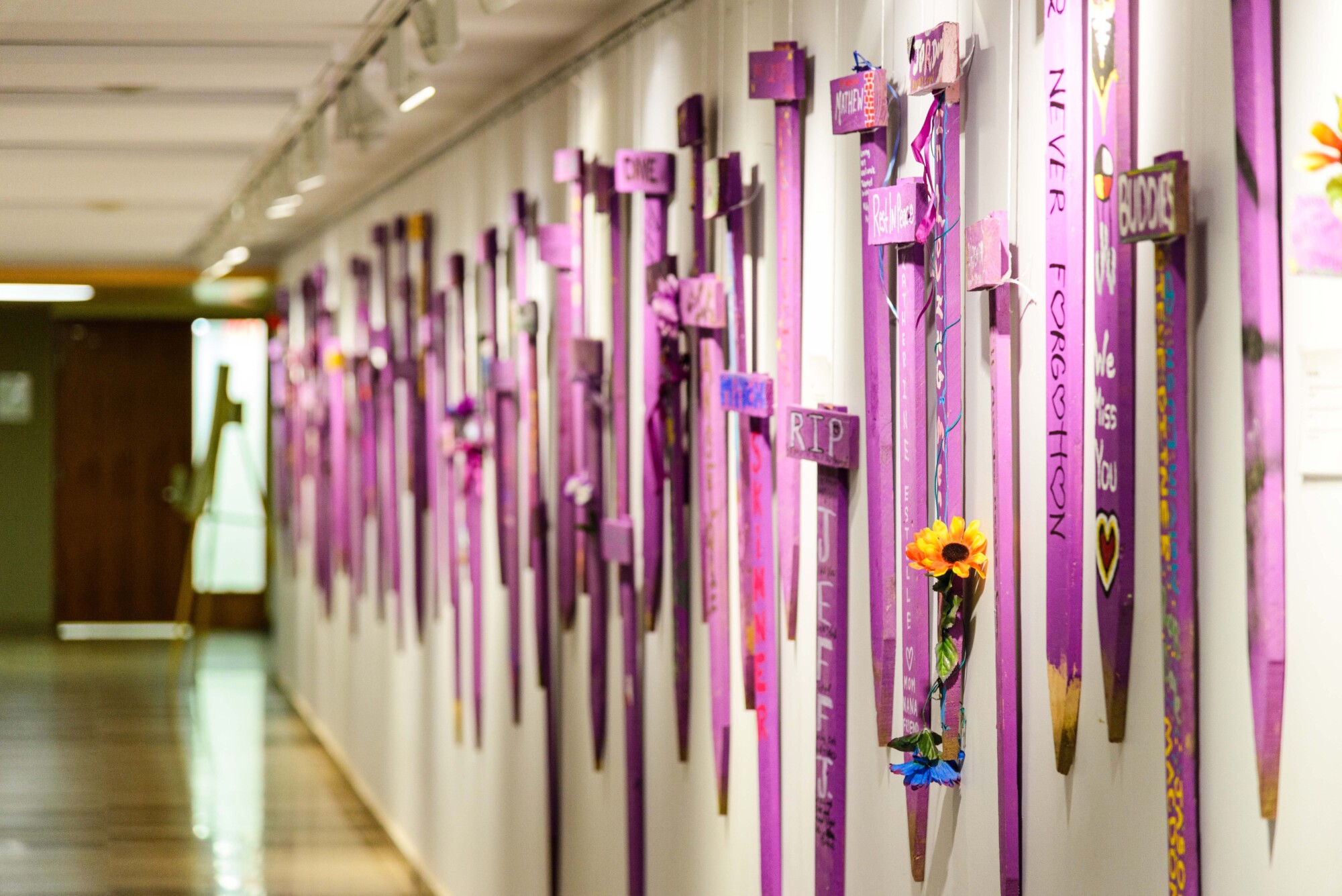 Photo of an exhibit of purple memorial markers, mounted on the wall inside the Kitchener Public Library, to honour and commemorate the many lives needlessly lost to opioid overdoses. The markers are decorated with messages of love, flowers, and the names of lost loved ones.