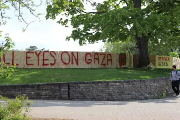 Photo of the plywood wall used as the UW Occupy encampment boarders, on the campus of the University of Waterloo in Ontario, Canada. The message spray painted in red on the plywood reads "All Eyes on Gaza".